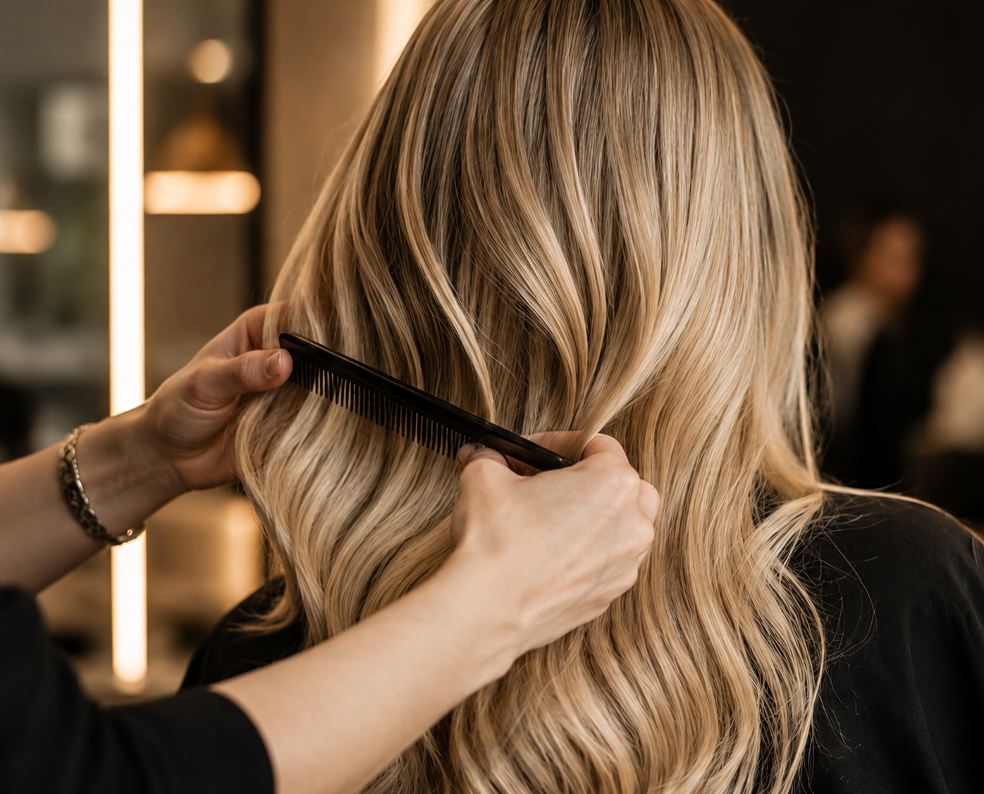 Frisør styler blondt hår hos Kirsten's salong